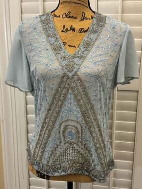 Vintage Together Light Blue Beaded and Embroidered Sheer Flutter Sleeve Top